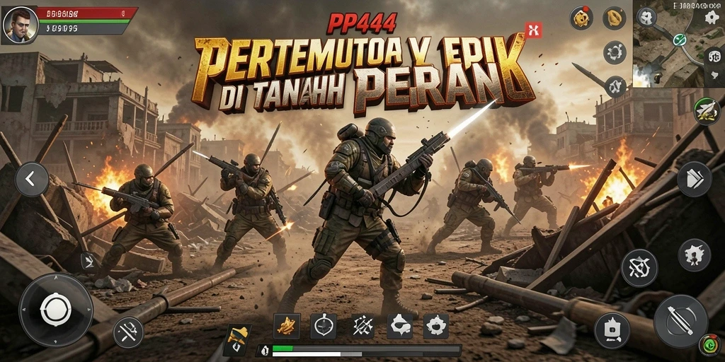 Tangkapan layar utama PP444 menunjukkan aksi pertempuran yang seru dalam mode Battle Royale.
