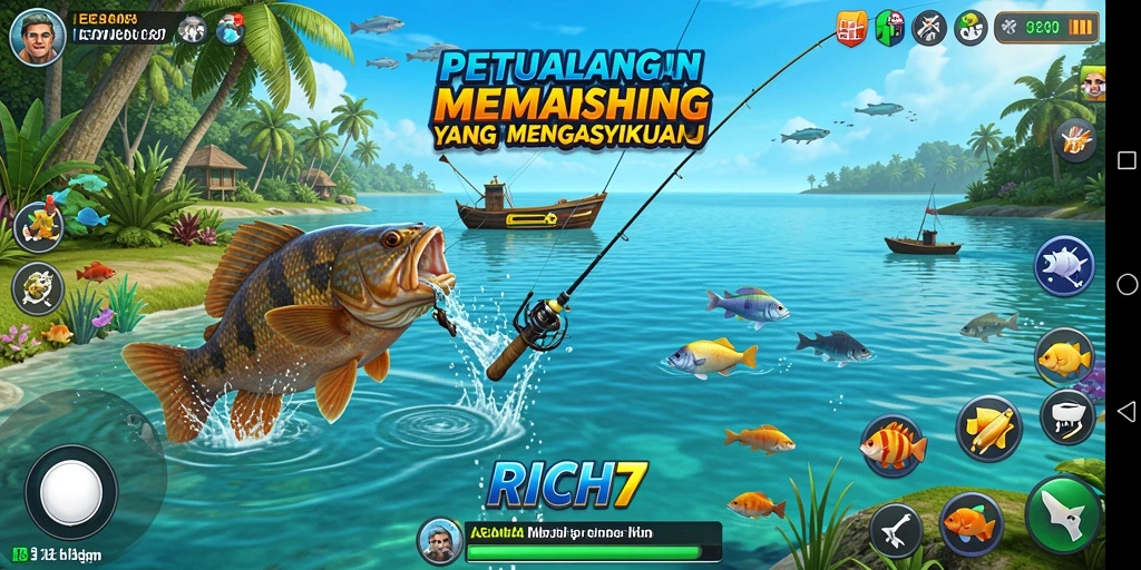 Tampilan gameplay RICH7 yang menampilkan aksi memancing yang seru.